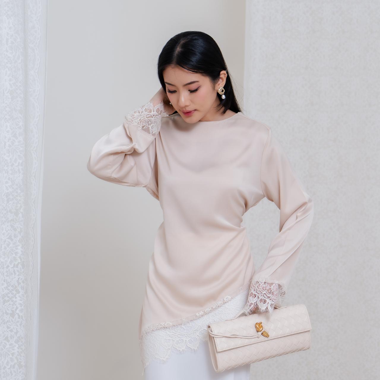 AIJO | Selena Silk Lace Top - Atasan Lengan Panjang Wanita Basic Lace Brokat