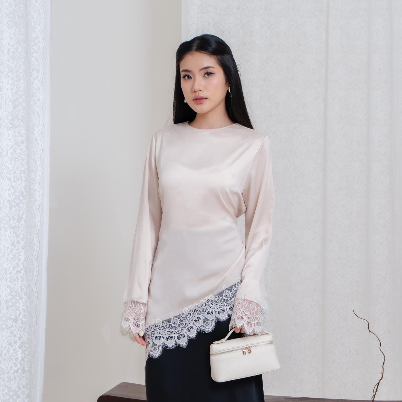 AIJO | Selena Silk Lace Top - Atasan Lengan Panjang Wanita Basic Lace Brokat